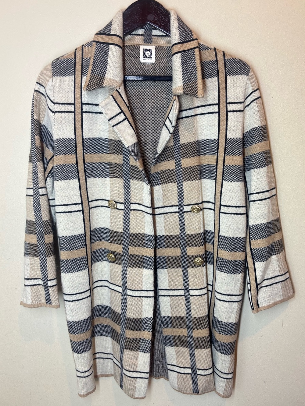 Anne Allen Plaid Double-Breasted Open Front Sweater Coat, tan plaid, medium